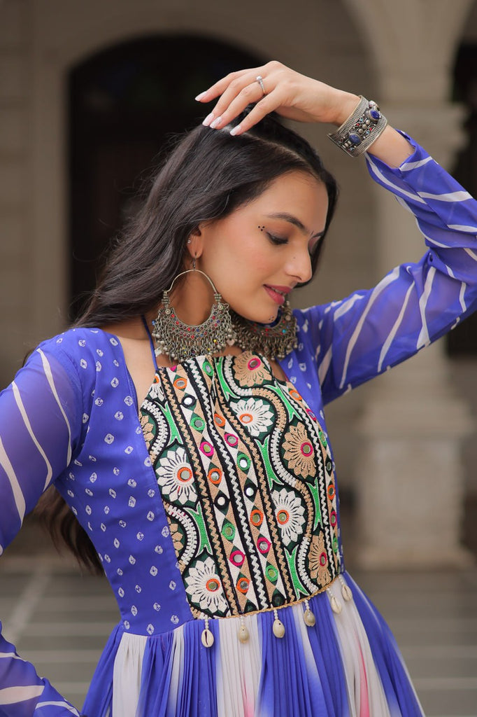 Blue Faux Georgette Bandhej Print Gown with Gamthi Embroidery & Mirror Work ClothsVilla