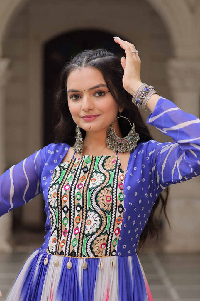 Blue Faux Georgette Bandhej Print Gown with Gamthi Embroidery & Mirror Work ClothsVilla