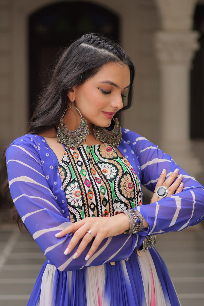 Blue Faux Georgette Bandhej Print Gown with Gamthi Embroidery & Mirror Work ClothsVilla