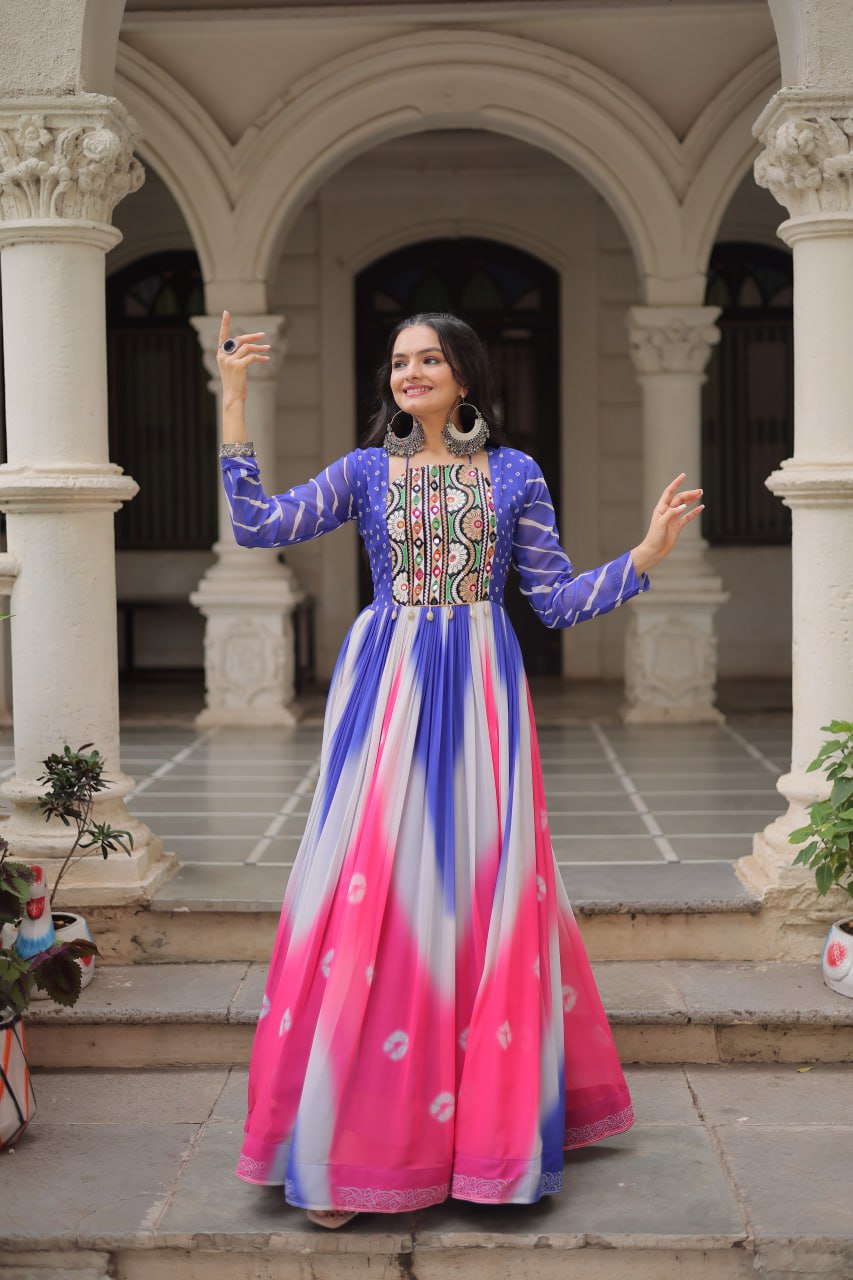 Blue Faux Georgette Bandhej Print Gown with Gamthi Embroidery & Mirror Work ClothsVilla