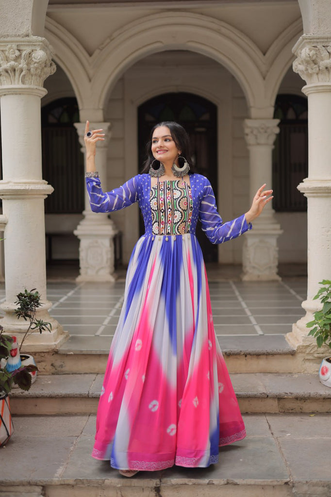 Blue Faux Georgette Bandhej Print Gown with Gamthi Embroidery & Mirror Work ClothsVilla
