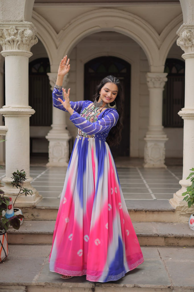 Blue Faux Georgette Bandhej Print Gown with Gamthi Embroidery & Mirror Work ClothsVilla