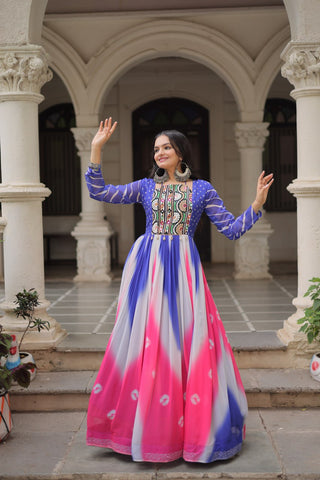 Blue Faux Georgette Bandhej Print Gown with Gamthi Embroidery & Mirror Work ClothsVilla