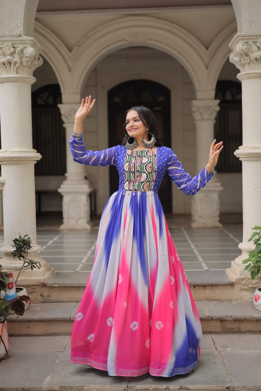 Blue Faux Georgette Bandhej Print Gown with Gamthi Embroidery & Mirror Work ClothsVilla