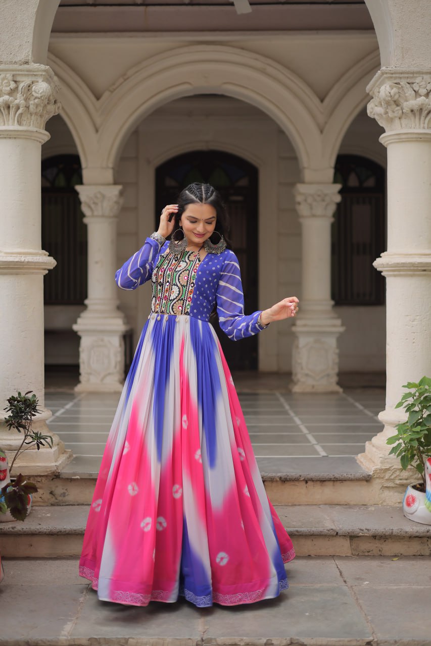 Blue Faux Georgette Bandhej Print Gown with Gamthi Embroidery & Mirror Work ClothsVilla