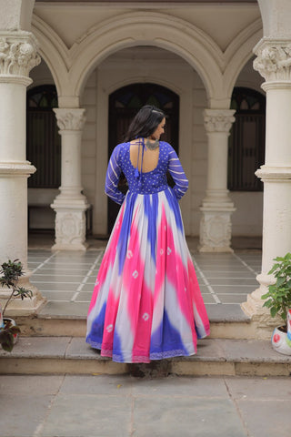 Blue Faux Georgette Bandhej Print Gown with Gamthi Embroidery & Mirror Work ClothsVilla