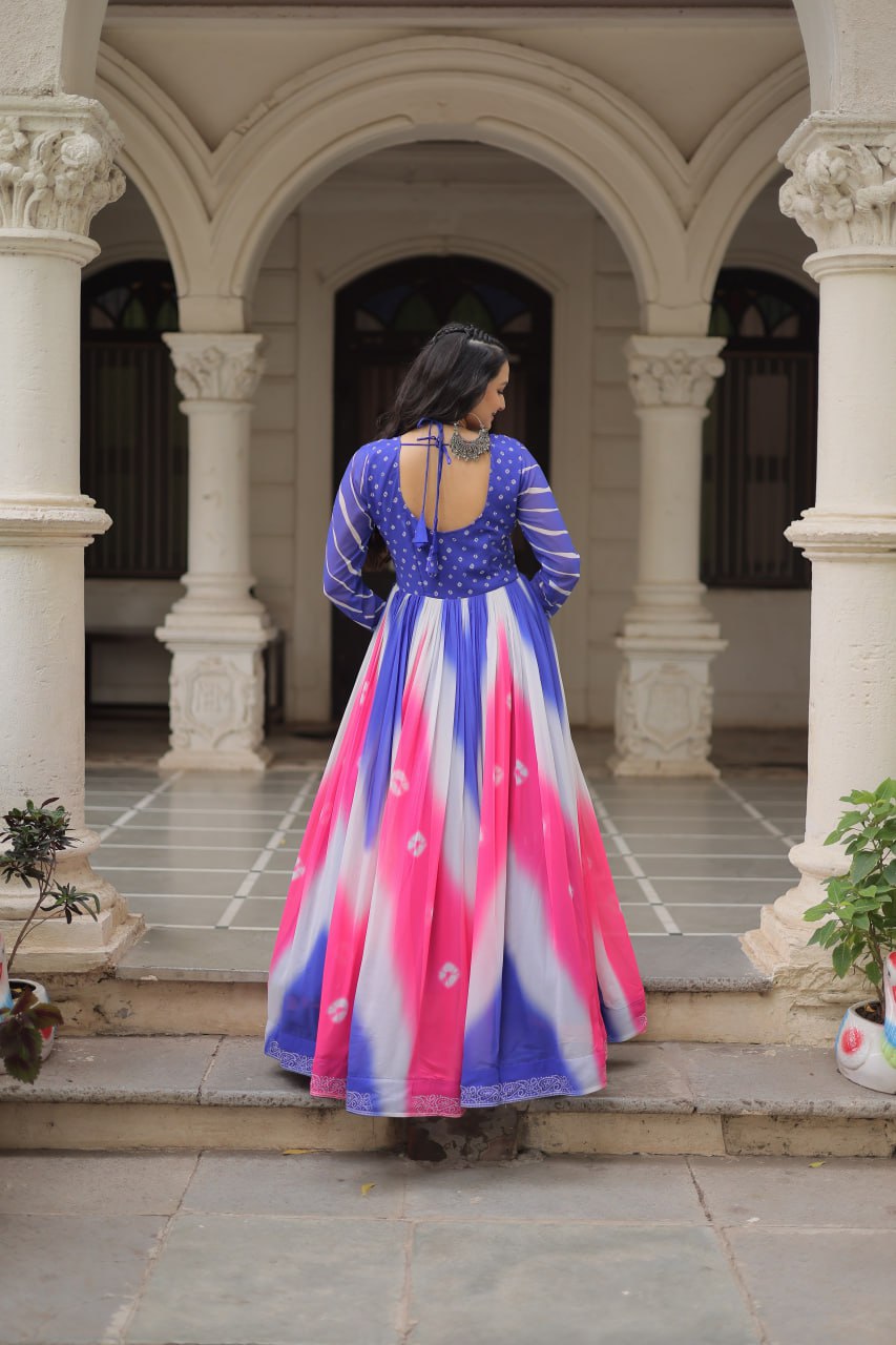 Blue Faux Georgette Bandhej Print Gown with Gamthi Embroidery & Mirror Work ClothsVilla