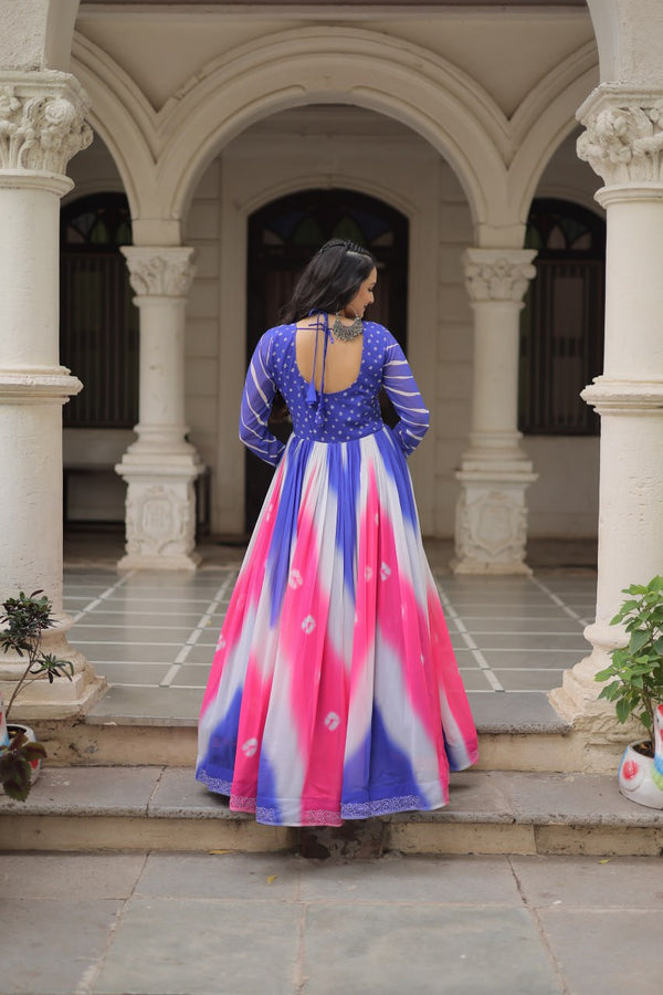 Blue Faux Georgette Bandhej Print Gown with Gamthi Embroidery & Mirror Work ClothsVilla