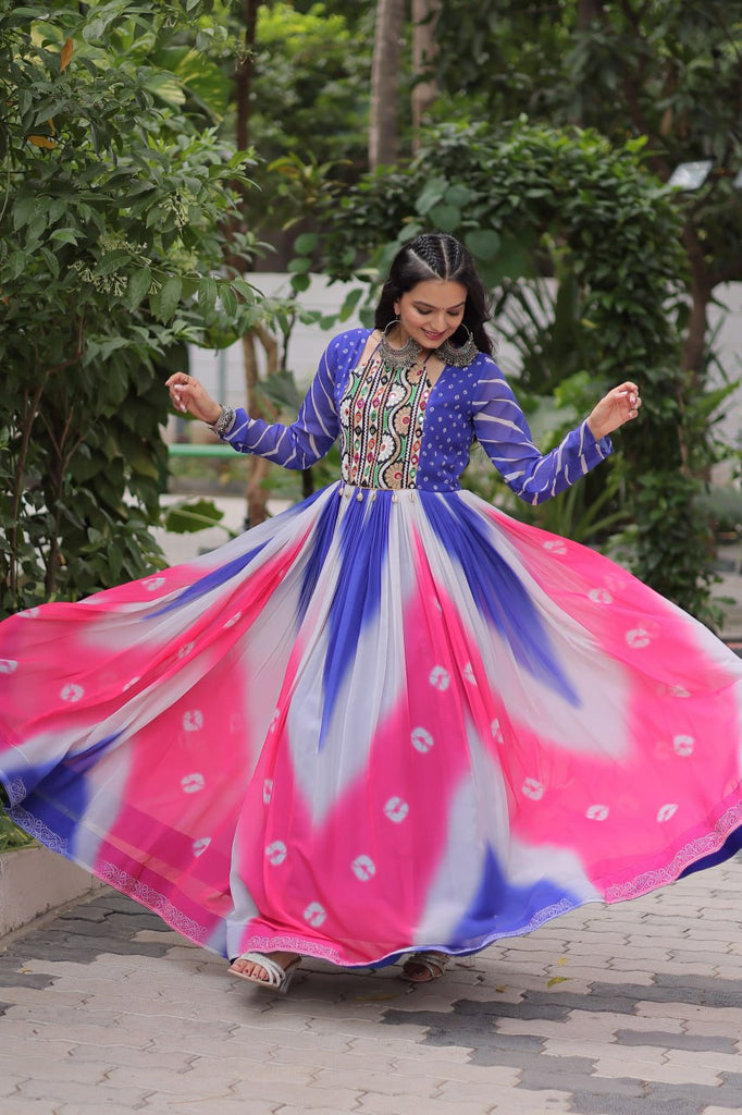 Blue Faux Georgette Bandhej Print Gown with Gamthi Embroidery & Mirror Work ClothsVilla