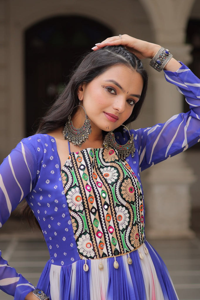 Blue Faux Georgette Bandhej Print Gown with Gamthi Embroidery & Mirror Work ClothsVilla