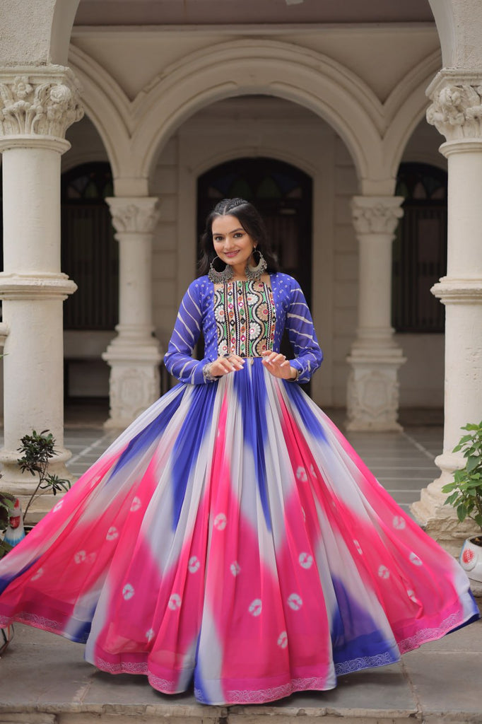 Blue Faux Georgette Bandhej Print Gown with Gamthi Embroidery & Mirror Work ClothsVilla