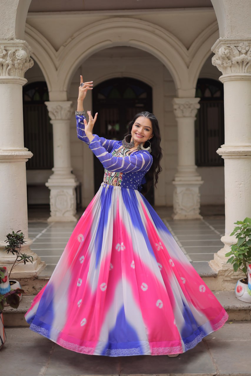 Blue Faux Georgette Bandhej Print Gown with Gamthi Embroidery & Mirror Work ClothsVilla