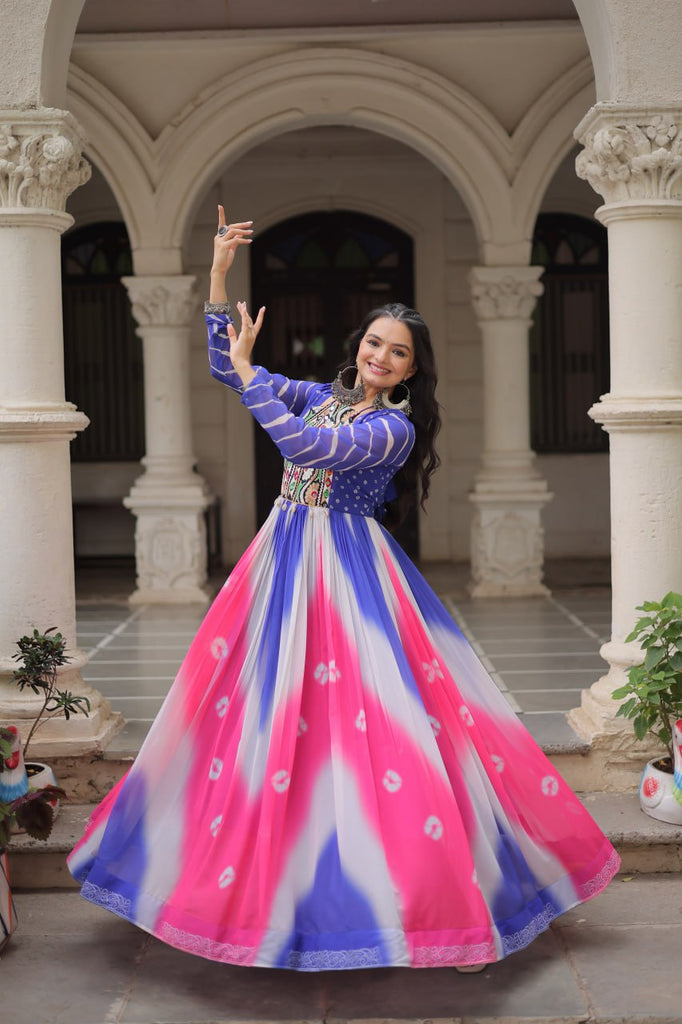 Blue Faux Georgette Bandhej Print Gown with Gamthi Embroidery & Mirror Work ClothsVilla