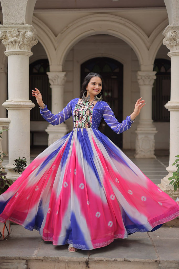 Blue Faux Georgette Bandhej Print Gown with Gamthi Embroidery & Mirror Work ClothsVilla