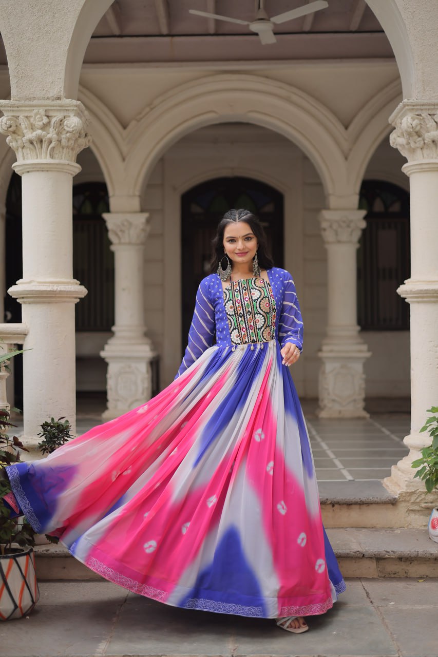 Blue Faux Georgette Bandhej Print Gown with Gamthi Embroidery & Mirror Work ClothsVilla
