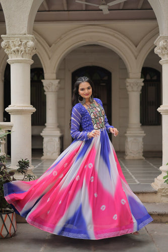 Blue Faux Georgette Bandhej Print Gown with Gamthi Embroidery & Mirror Work ClothsVilla