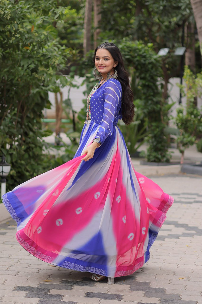Blue Faux Georgette Bandhej Print Gown with Gamthi Embroidery & Mirror Work ClothsVilla