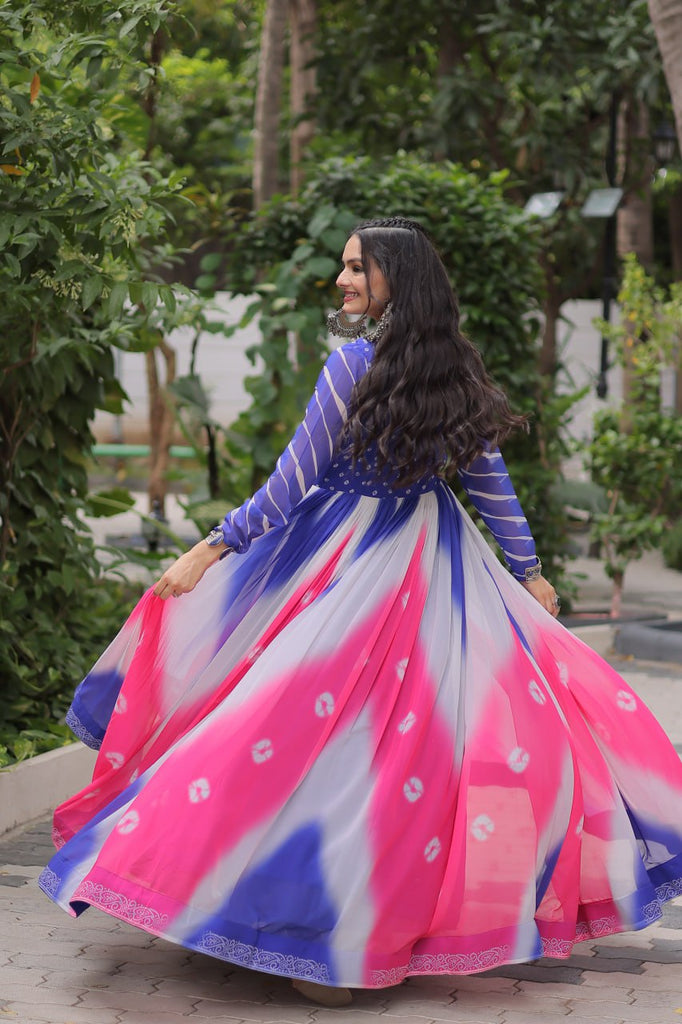 Blue Faux Georgette Bandhej Print Gown with Gamthi Embroidery & Mirror Work ClothsVilla