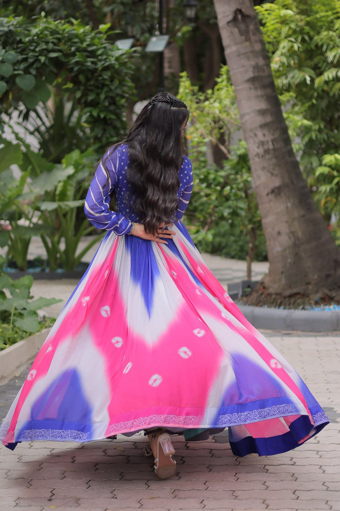 Blue Faux Georgette Bandhej Print Gown with Gamthi Embroidery & Mirror Work ClothsVilla