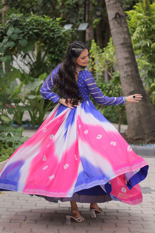 Blue Faux Georgette Bandhej Print Gown with Gamthi Embroidery & Mirror Work ClothsVilla