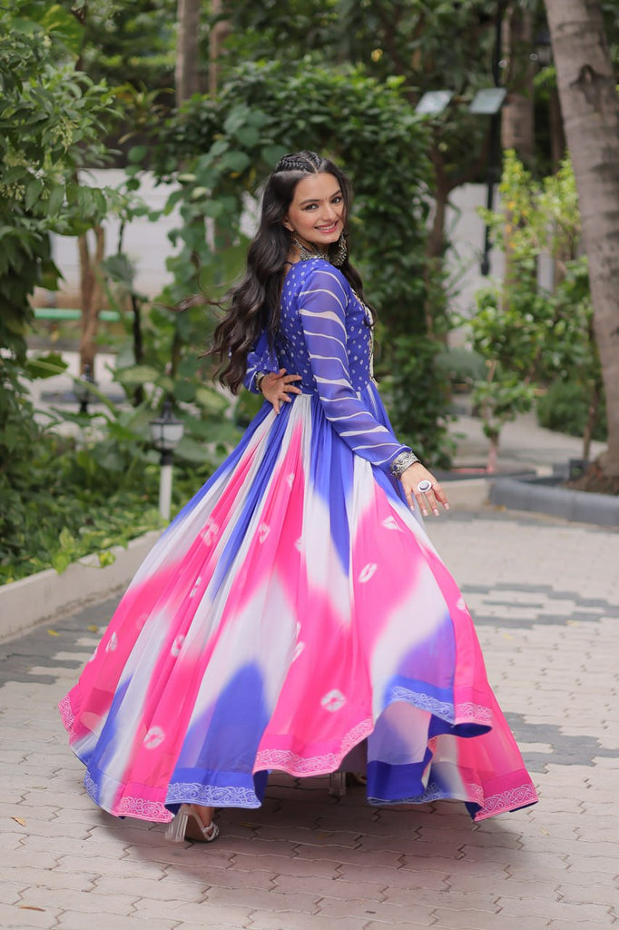 Blue Faux Georgette Bandhej Print Gown with Gamthi Embroidery & Mirror Work ClothsVilla