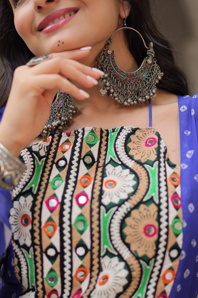 Blue Faux Georgette Bandhej Print Gown with Gamthi Embroidery & Mirror Work ClothsVilla