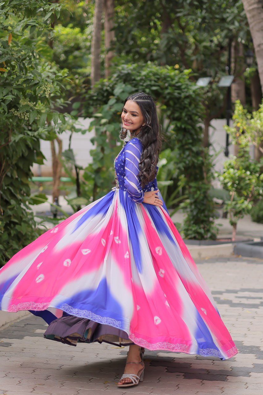 Blue Faux Georgette Bandhej Print Gown with Gamthi Embroidery & Mirror Work ClothsVilla