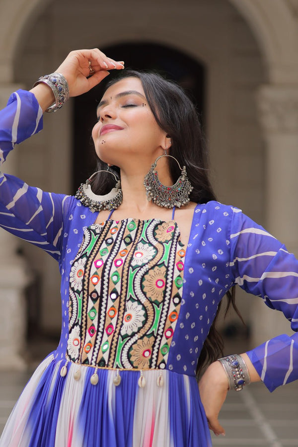 Blue Faux Georgette Bandhej Print Gown with Gamthi Embroidery & Mirror Work ClothsVilla