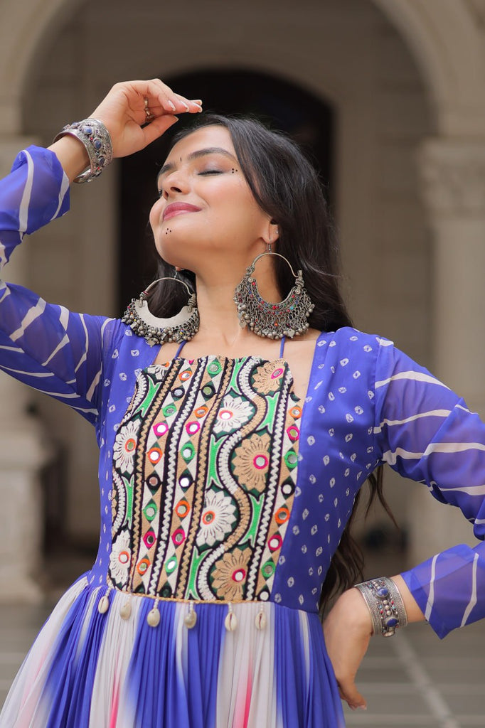 Blue Faux Georgette Bandhej Print Gown with Gamthi Embroidery & Mirror Work ClothsVilla