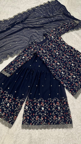 Blue Festive Georgette Sharara Set with Sequins, Thread & Zari Work ClothsVilla