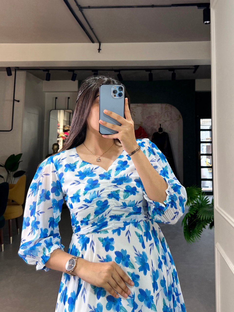 Blue Floral Georgette Frock - Elegant Spring Dress ClothsVilla