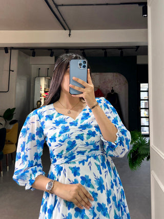 Blue Floral Georgette Frock - Elegant Spring Dress ClothsVilla