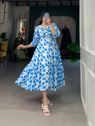 Blue Floral Georgette Frock - Elegant Spring Dress ClothsVilla