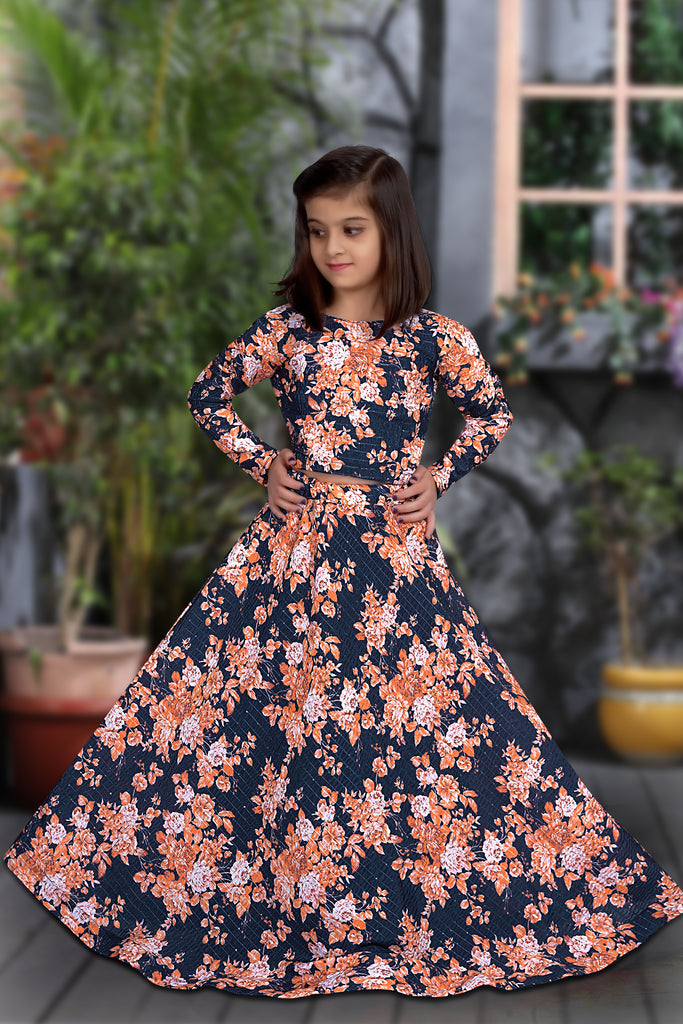 Blue Floral Printed Designer Kids Lehenga Choli Set ClothsVilla