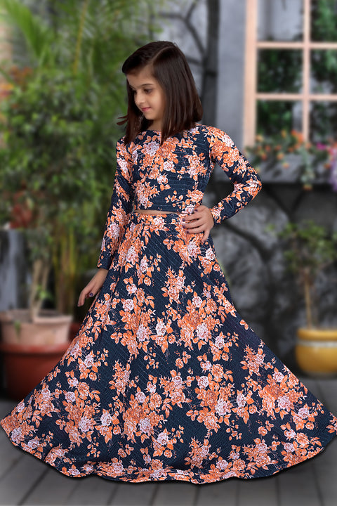 Blue Floral Printed Designer Kids Lehenga Choli Set ClothsVilla Main image