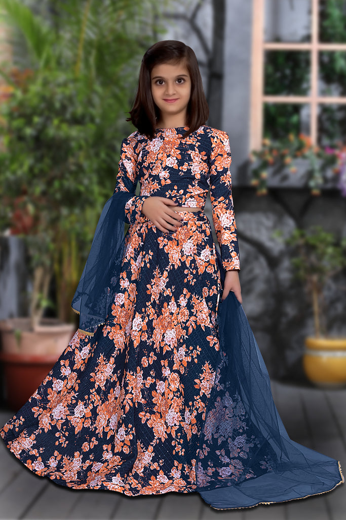 Blue Floral Printed Designer Kids Lehenga Choli Set ClothsVilla