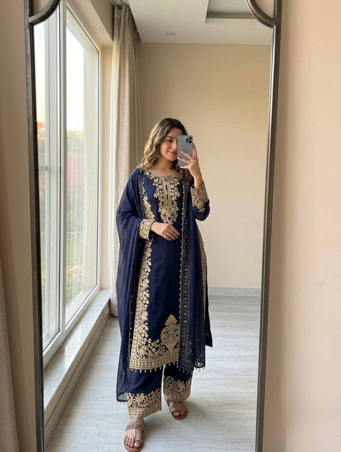 Blue Georgette Embroidered Kurta Palazzo Set ClothsVilla Main image