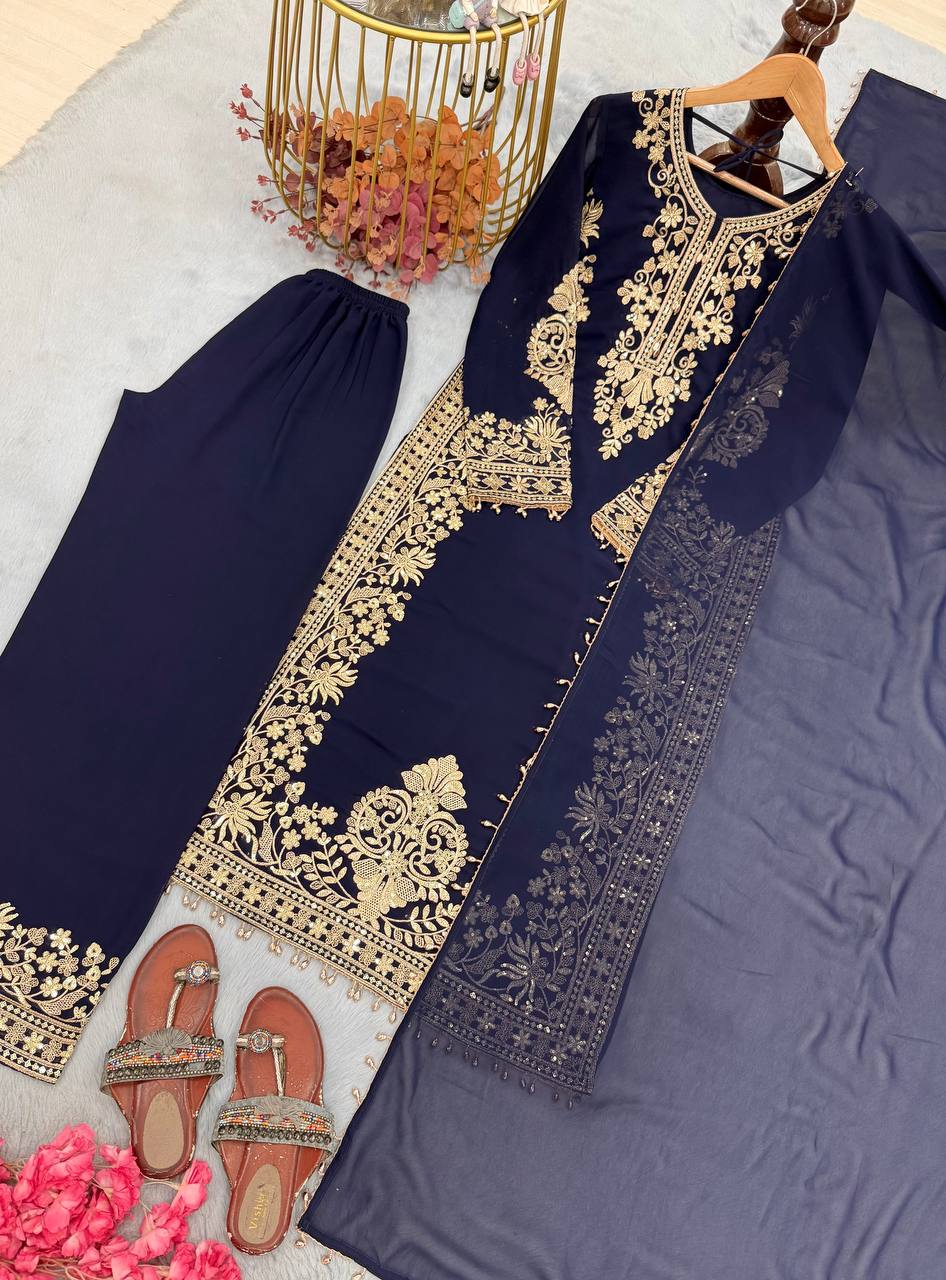 Blue Georgette Embroidered Kurta Palazzo Set ClothsVilla