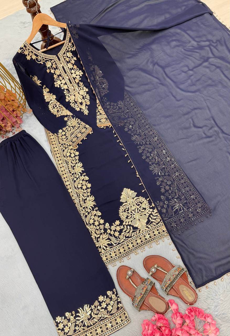 Blue Georgette Embroidered Kurta Palazzo Set ClothsVilla