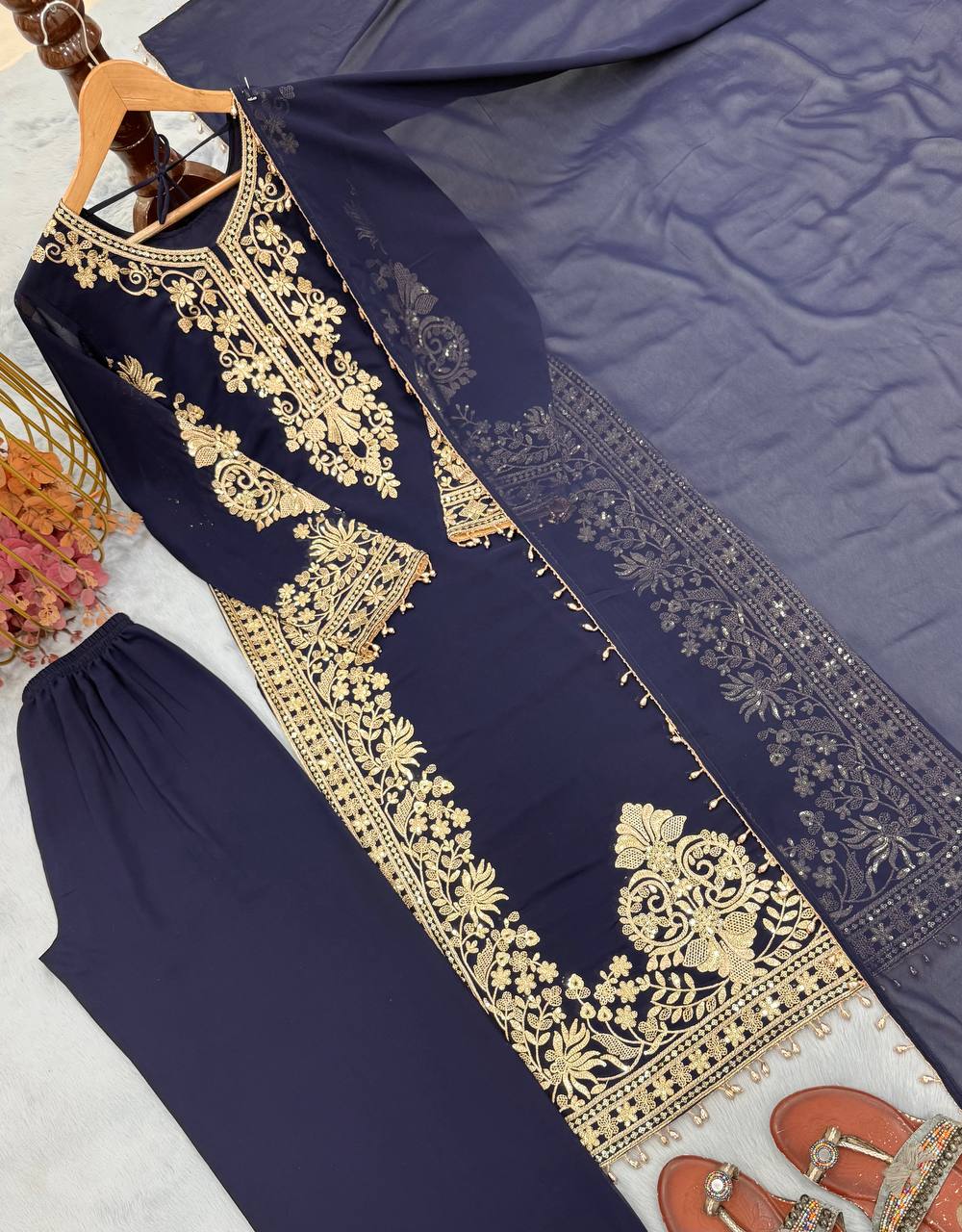 Blue Georgette Embroidered Kurta Palazzo Set ClothsVilla