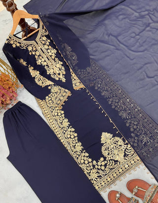Blue Georgette Embroidered Kurta Palazzo Set ClothsVilla