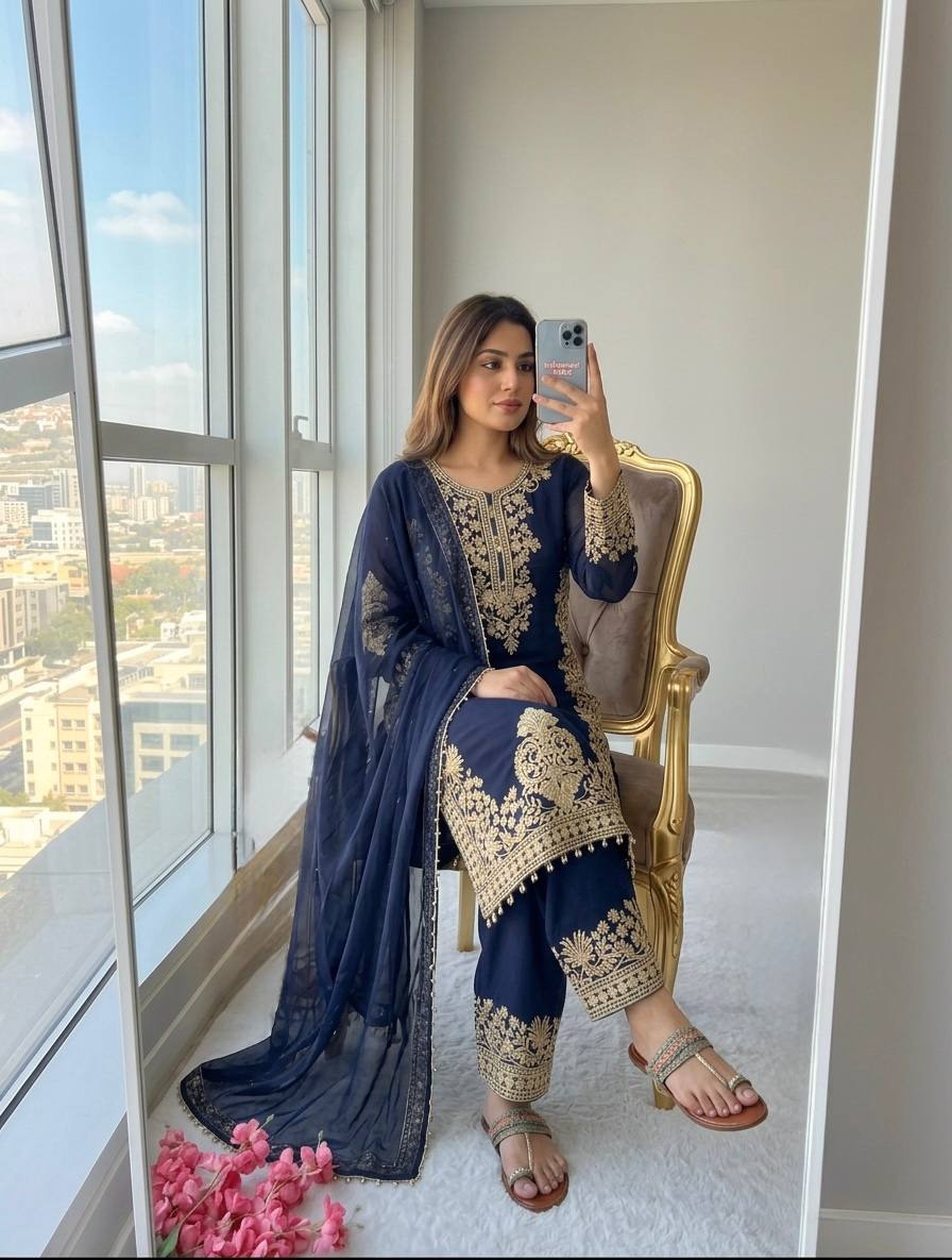 Blue Georgette Embroidered Kurta Palazzo Set ClothsVilla