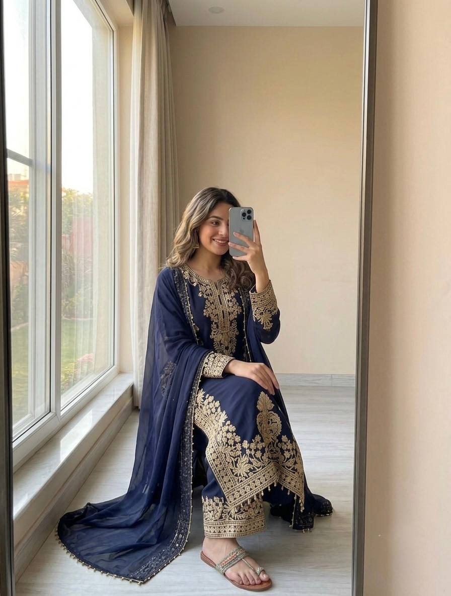 Blue Georgette Embroidered Kurta Palazzo Set ClothsVilla