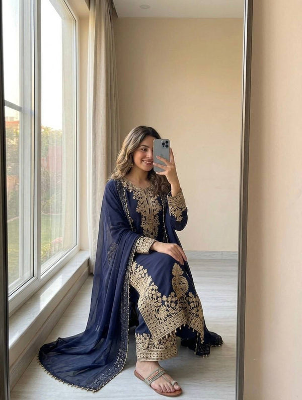 Blue Georgette Embroidered Kurta Palazzo Set ClothsVilla