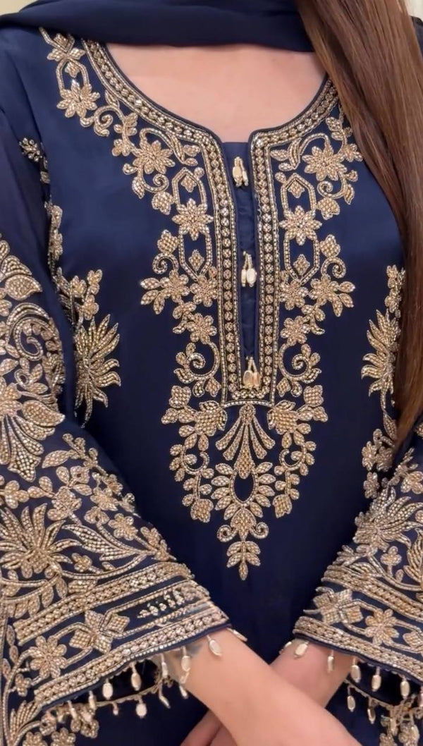 Blue Georgette Embroidered Kurta Palazzo Set ClothsVilla