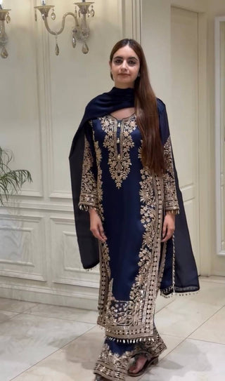 Blue Georgette Embroidered Kurta Palazzo Set ClothsVilla