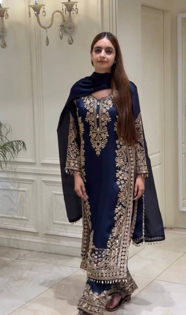 Blue Georgette Embroidered Kurta Palazzo Set ClothsVilla