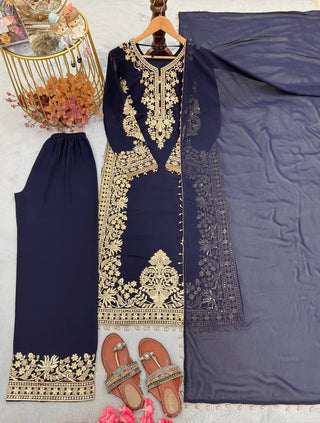 Blue Georgette Embroidered Kurta Palazzo Set ClothsVilla