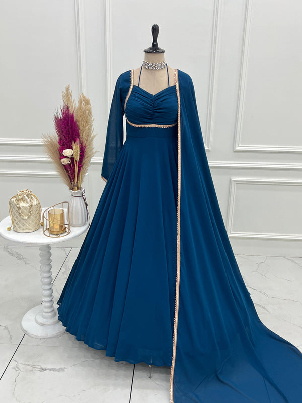 Blue Georgette Gown with Lace Dupatta ClothsVilla