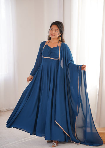 Blue Georgette Gown with Lace Dupatta ClothsVilla